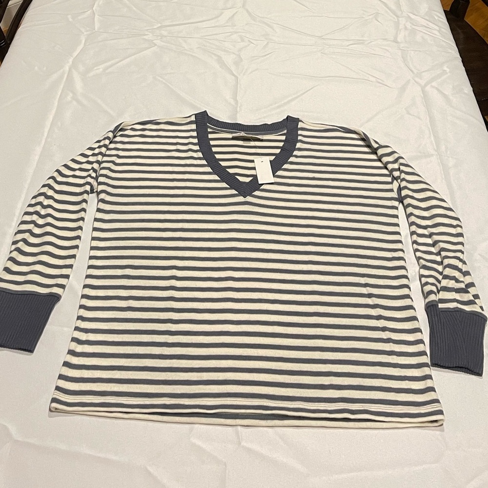 NWT, Loft, Grey and off white striped V-Neck sweater